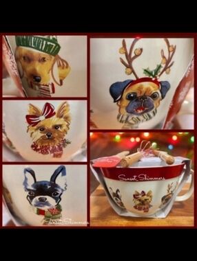 4pc Christmas Pug Boston Terrier Lab Yorkie Dog Mixing Bowl Spatula Spoon Wisk